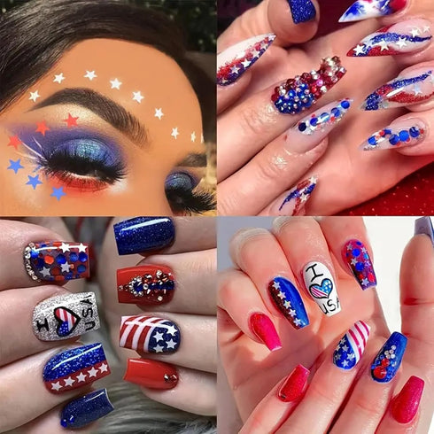 12 Grids 4th of July Nail Art Glitters Sequins 3D Holographic Nail Glitter Flakes Independence Day Nails Sequins Mixed Color Star Nail Flakes Lase...