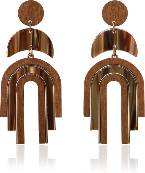 Ozel - Natural Wooden Acrylic Boho Drop Dangle Earrings for Women - Geometric Statement Jewellery - Brown, Black, Magent Red, Olive Green, White b...