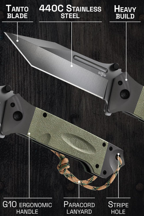 Grand Way Pocket Knife for Men – Tanto Folding Knives – Cool Knife – Tactical Work Knives for Hunting Camping Hiking Self Defense Military EDC – B...