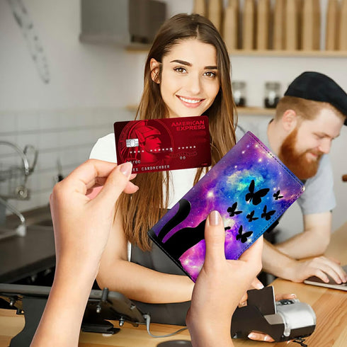 Checkbook Cover for Women Men Premium Leather Check Book Holder Wallet with RFID Blocking Function and Elastic Band, Galaxy Butterfly Cat...
