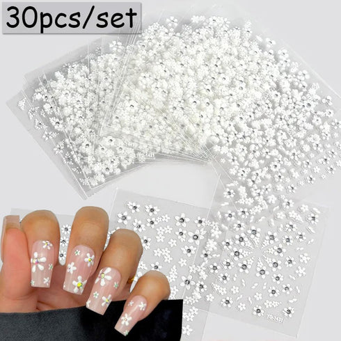 30Pcs/Set Glitter White Flower Nail Art Stickers, Small Floral Self Adhesive Nail Decals Nail Supplies White Flowers with Rhinestones Design- 3D N...