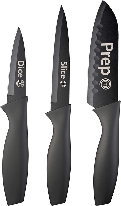 MasterChef Kitchen Knives Set of 3, Small Knife Set for Home Cooking, RV or Camping, Extra Sharp Cutting, Non Stick Coated Stainless Steel Blades ...