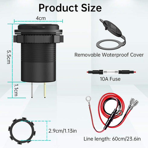 12V USB C Car Charger Socket, Ouffun Dual PD & QC 3.0 Ports 12V USB Car Outlet Adapter with Button Switch, lPhone Fast Charger with 23.7 Inches Wi...