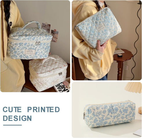3 Pcs Cotton Quilted Makeup Bag Set, Floral Cotton Cosmetic Bag, Aesthetic Toiletry Travel Organizer Bag for Women...