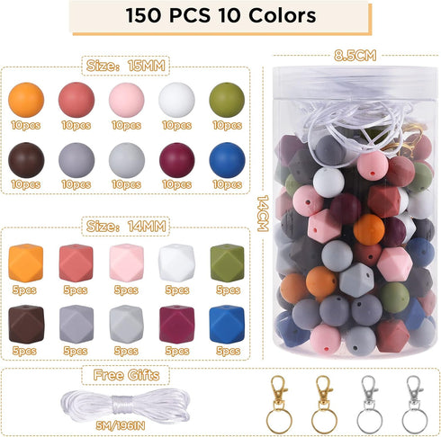 Xzyden Silicone Beads, 150pcs Silicone Beads Bulk Round Bead 15mm Hexagon Silicone Beads 14mm for Jewelry Making Large Beads with Lanyard & Key Ch...