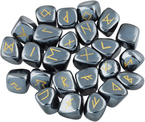 SUNYIK Natural Hematite Rune Stones Set with Engraved Elder Futhark Alphabet Lettering Polished Healing Crystal Kit...