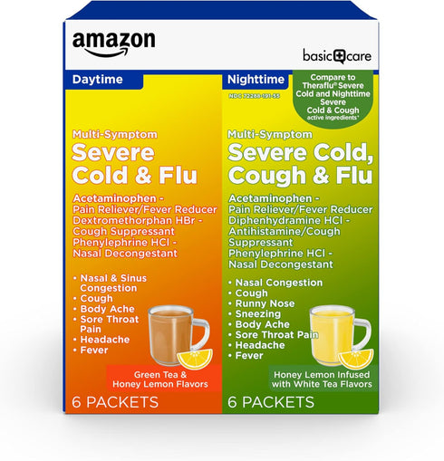 Amazon Basic Care Multi-Symptom Severe Cold Daytime and Severe Cold & Cough Nighttime Combination Pack, 12 Count (Pack of 1)...