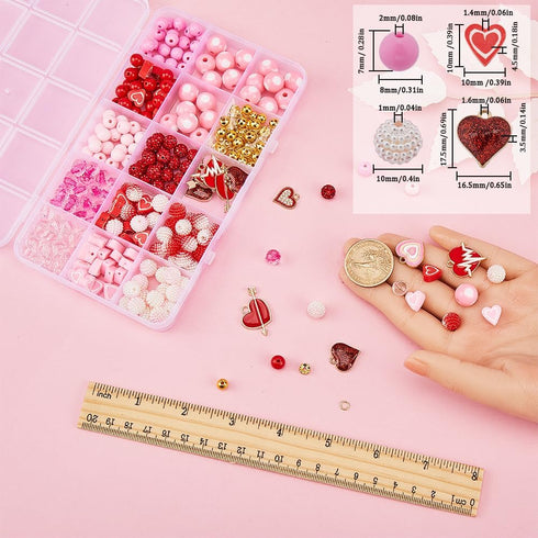 SUNNYCLUE 1 Box Valentine's Day Beads Heart Shaped Love Beads 8mm Round Red Pink Acrylic Beads Rhinestone Bead Bulk Spacer Beads Beading Kit Valen...