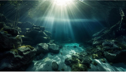 Aquarium Background Underwater Dark Cave Sunlight Rays Terrarium Background Undersea Moss Rocks Aquarium Backdrop Fish Tank Decor Vinyl 30x12in...