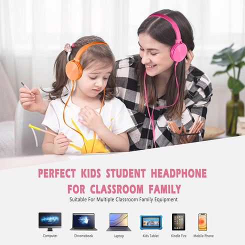 Kids Headphones 2 Pack for School Classroom K-12, Durable Wired Student Computer Online Learning Headset for Laptop Library Airplane and Travel (P...