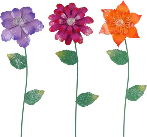 Floral Garden Stake Decor,Glow in Dark Outdoor Plant Pick Water Proof Metal Flower Stick for Lawn Yard Patio,Pathway Ornament,Set of 3...