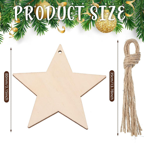 Tatuo 60 Set Natural Wooden Stars Cutouts Ornaments to Paint 3.15'' Unfinished Wood Star Embellishments for Craft with Twine for School Graduation...