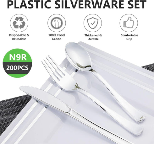N9R 200pcs Plastic Silverware Set, Silver Plastic Cutlery Including 100pcs Forks, 50pcs Spoons, 50pcs Knives, Disposable Silverware for Party/Ever...