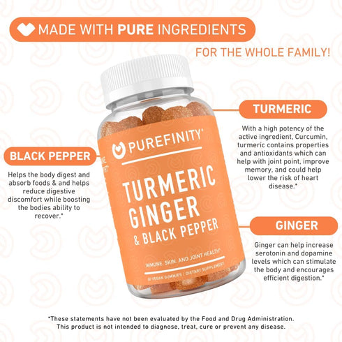 Turmeric Ginger & Black Pepper Gummies for Adults – Turmeric Curcumin Chewables to Support Joint Health, Delicious Peach Flavor – Gluten Free, Veg...