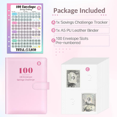 Sooez 100 Envelopes Challenge Binder, Money Saving Challenge Budget Binder with Cash Envelopes, Savings Challenge Book - Easy & Fun Way to Save $5...