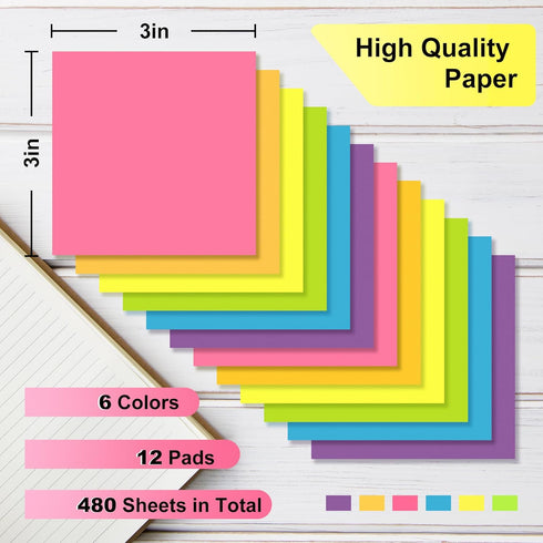 OHOME Sticky Notes - 12 Pads, 3”x3” - Colorful Self-Stick Post Notes Bulk - School Supplies | Teacher Must Haves | Classroom Must Haves | Office S...