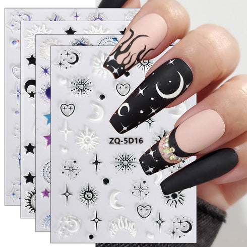 JMEOWIO 3D Embossed Moon Star Sun Nail Art Stickers Decals Self-Adhesive Pegatinas Uñas 5D Black White Heart Nail Supplies Nail Art Design Decorat...