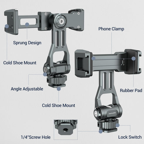 Phone Mount for Camera Hot Shoe, Aluminum Camera Hot Shoe Phone Holder with 2 Additional Cold Shoe Mounts, 360°Adjustable Phone Holder for iPhone ...