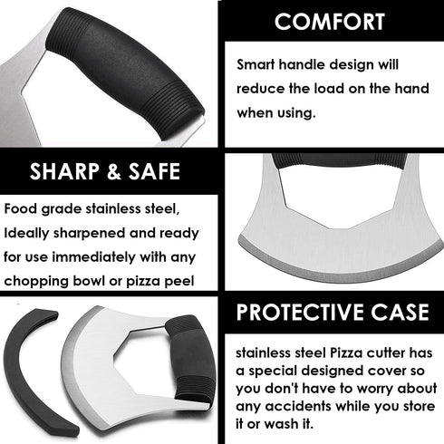 KAYCROWN Mezzaluna Knife Pizza Cutter Salad Chopper - Stainless Steel Sharp Rocker Ulu Knife with Protective Cover for Cutter Pizza, Meat, Vegetab...