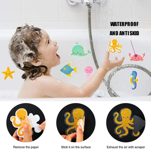 Non Slip Bathtub Stickers, 14 PCS Large Sea Adhesive Kids Anti Slip Decal Treads for Shower and Bath Tub with Premium Scraper...