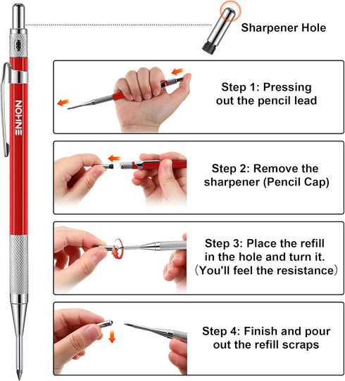 Enhon 2mm Mechanical Carpenter Pencil Set with 12 Marker Refills and Sharpener, Woodworking Marking Tool Solid Deep Hole Construction Pencil, Exte...