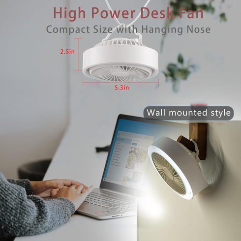 Small Desk Fan, Ultra Quite USB Fan Portable 3000mAh Rechargeable Battery Operate, High Power 3 Speed 5.3in With Ambient Light/Hook 180°Rotated Ea...