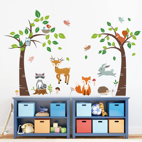 decalmile Woodland Animals Trees Wall Decals Deer Fox Owl Wall Stickers Kids Bedroom Baby Nursery Wall Decor...
