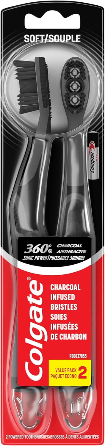 Colgate 360 Vibrate Charcoal Battery Operated Toothbrush Pack, Soft with 1 AAA Battery Included, Black, 2 Count...