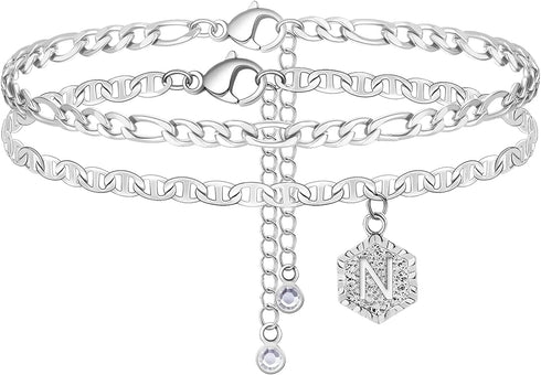 choice of all Silver Initial Anklet for Women Anklets with Initials 2pcs Ankle Bracelets for Teen Girls Cuban Link Anklets for Women...