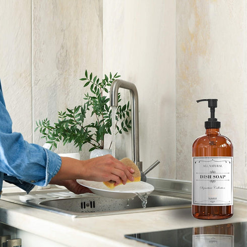 16 OZ Thick Amber Glass Soap Dispenser with Plastic Pump 2 Pack, Hand and Dish Soap Dispenser Set for Bathroom with 6 Waterproof Labels...