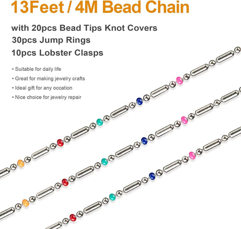 Kyutong 13 Feet/4M Silver Necklace Chains Spool Multicolor Ball Bead Chains for Jewelry Making Solid Stainless Steel Chain on a Roll for Earring B...