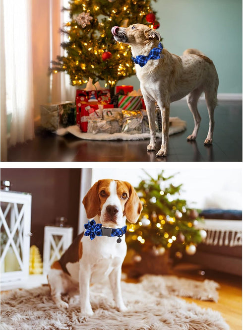 Dog Collar with Bow Tie, Cotton Dog Bowtie Collar for Medium Girl Boy Dog, Holiday Blue Dog Collar with Durable Metal Buckle, Cute Plaid Pet Colla...