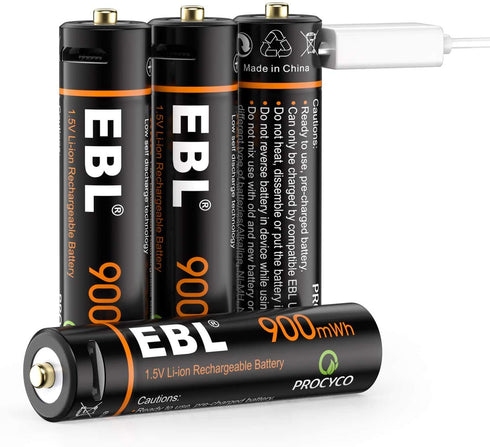 EBL Rechargeable AAA Lithium Batteries 1.5V AAA Battery 900mWh USB Rechargeable Batteries - 4 Pack...