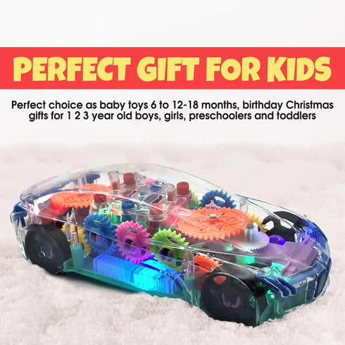 Light Up Transparent Car Toy - Fun and Interactive Electric Car Toy for Kids- Music Car with LED - Colorful Moving Gears -Tummy Time Crawling Baby...