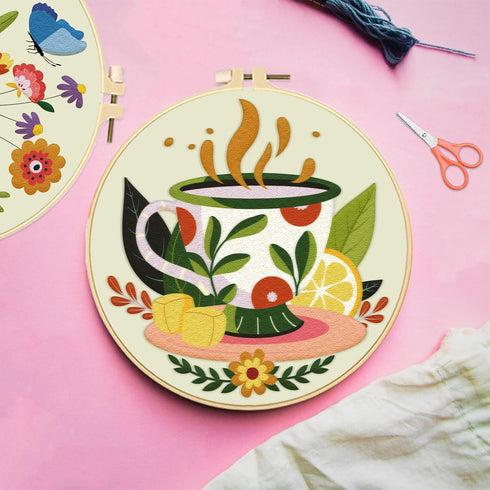 FREEBLOSS 4 Set 8'' Embroidery Kit for Beginners Embroidery Set Afternoon Tea and Flowers Patterns Embroidery Starter Kit with Instructions Includ...