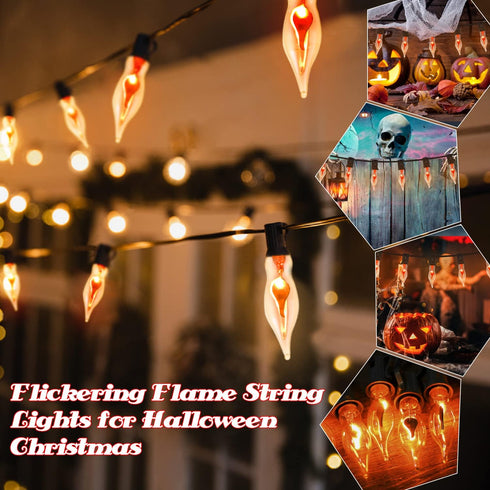 Halloween Decorations-Flickering Flame String Lights Outdoor Indoor, 12.8Ft C7 Retro Twinkle Flame Lights String with 10 Flame Light Bulbs(E12 Bul...