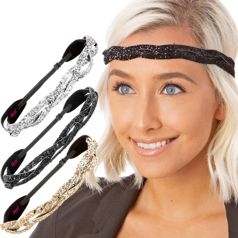 Hipsy Women's Adjustable Cute Fashion Bling Glitter Headband Braid Hairband Multi Pack (3pk Gold/Black/Silver Braided Bling Glitter)...