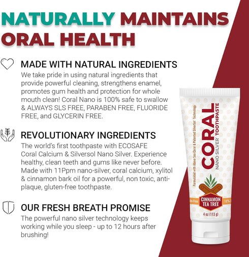 Coral Nano Silver Cinnamon Tea Tree Toothpaste, Natural Fluoride Free Teeth Whitening Toothpaste, Coral Calcium Nano Silver Infused SLS Free 4 Oun...
