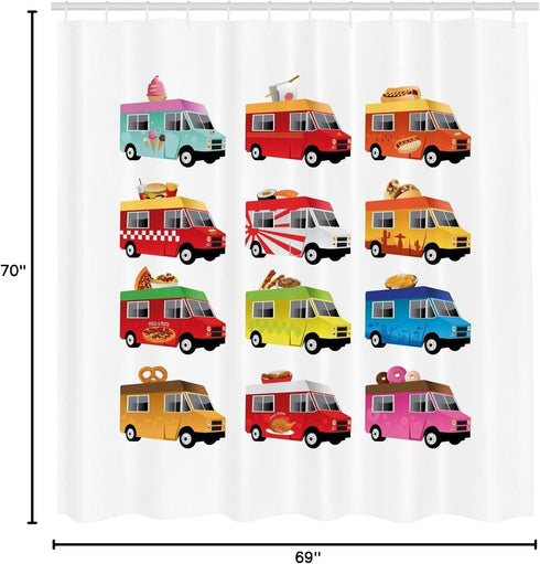 Ambesonne Truck Shower Curtain, Ice Cream Doughnut Burgers Pizza Sushi Hotdog Colorful Food Truck Illustration, Cloth Fabric Bathroom Decor Set wi...