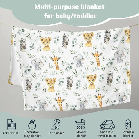 Safari Jungle African Animal Eucalyptus Leaf Baby Blanket Boys Gift, Elephant Giraffe Zebra Lion Flannel Fleece Nursery Bed Blankets, Lightweight ...