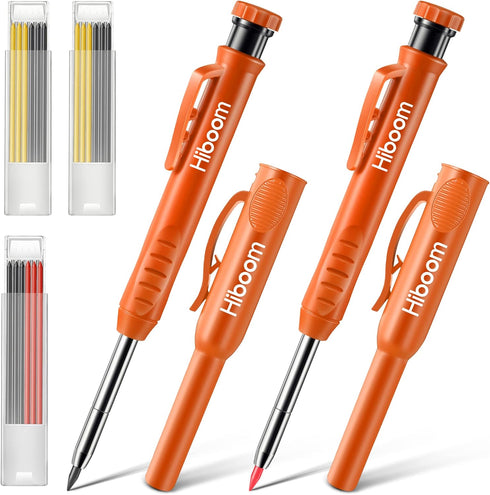 Hiboom 2 Pack Solid Carpenter Pencils with Pencil Cap and 18 Refills, Long Nose Deep Hole Mechanical Pencil Marker, Scribe Tool with Built-in Shar...