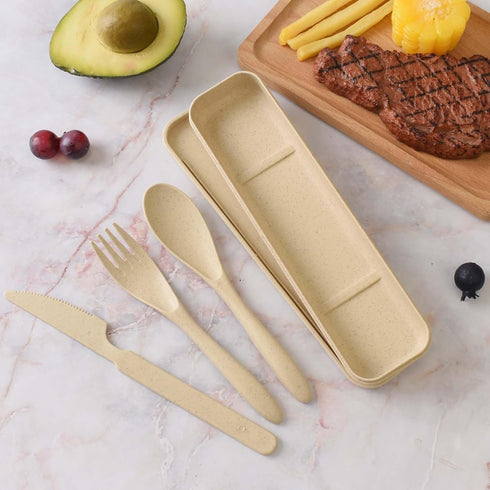 4 Pack Travel Utensil Set with Case, Wheat Straw Reusable Spoon Knife Forks Tableware, Portable Cutlery for Adult Travel Picnic Camping or Birthda...