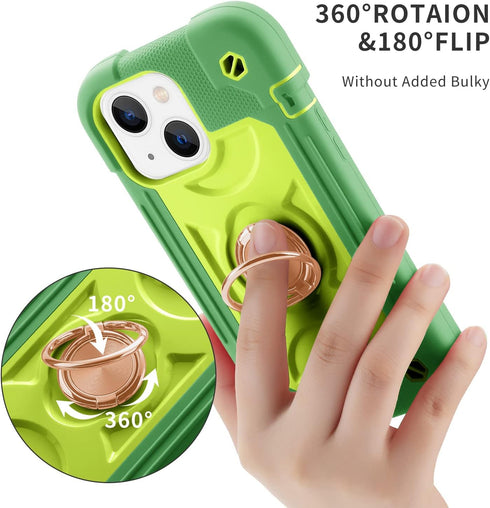 for iPhone 14 Case/iPhone 13 Case Inch with Ring Stand, with 2 Pack Glass Screen Protector + 1 Pack Camera Lens Protector,Heavy-Duty Shockproof Mi...