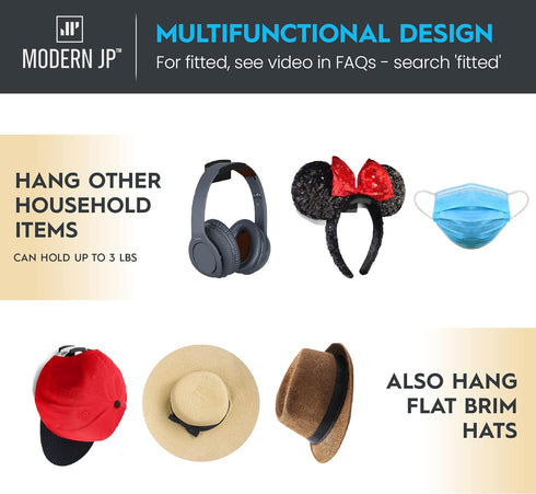 Modern JP Adhesive Hat Hooks for Wall (16-Pack) - Minimalist Hat Rack Design, No Drilling, Strong Hold Hat Hangers - USA Patented, Black...