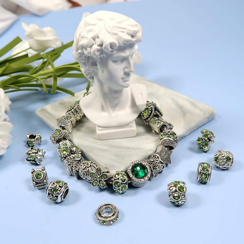 TOAOB 30pcs Green Large Hole European Beads Antique Silver Metal Rhinestone Rondelle Spacer Charms Beads Assortments for Bracelets Necklaces Jewel...