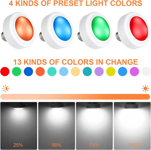 2 Pack Battery Operated Light Bulbs, 13 RGB Color Battery Powered LED Light Bulb with Remote Control, Dimmable E26 Screw in Puck Lights for Non El...