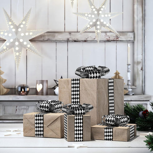 2 Rolls Christmas Checkered Ribbon Black and White Check Ribbon Diamond Check Wired Edge Ribbon Diamond Pattern Decorative Ribbons for Christmas F...
