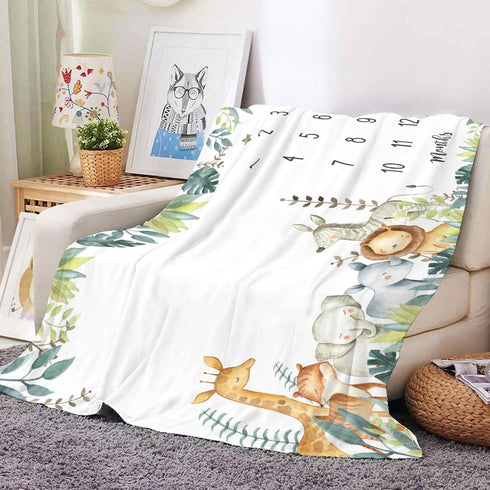 Safari Baby Milestone Blanket with Birth Stat Sign, Jungle Animals Baby Growth Chart Monthly Blanket, Watch Me Grow Safari Animals Baby Nursery fo...