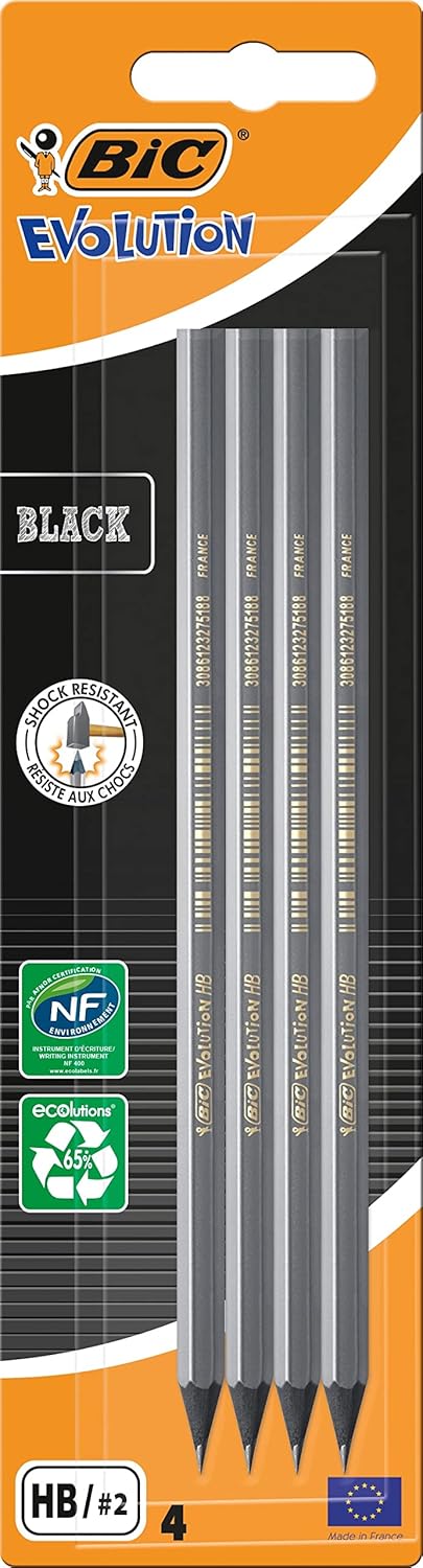 BIC Evolution Black Graphite HB Pencils - Black, Blister Pack of 4...