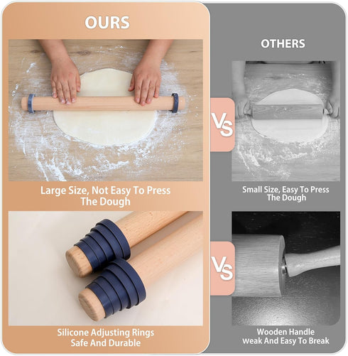 Adjustable Wood Rolling Pin with Thickness Rings for Baking -Non Stick Wooden Dough Roller Pin with Spacer Bands for Cookie,Pie Crust, Pastry Fond...